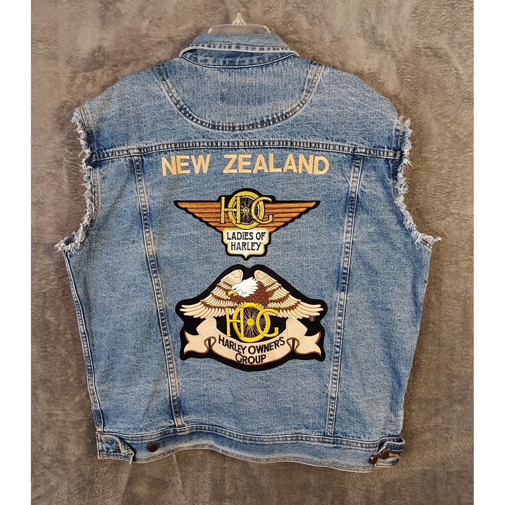 VTG Stony River Denim Vest New Zealand Ladies Of Harley Davidson Embroidered 90s
